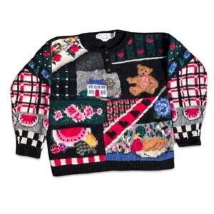 Vintage 1989 The Eagle’s Eye Patchwork Wool Sweater Cottage Folk Art Teddy Bear